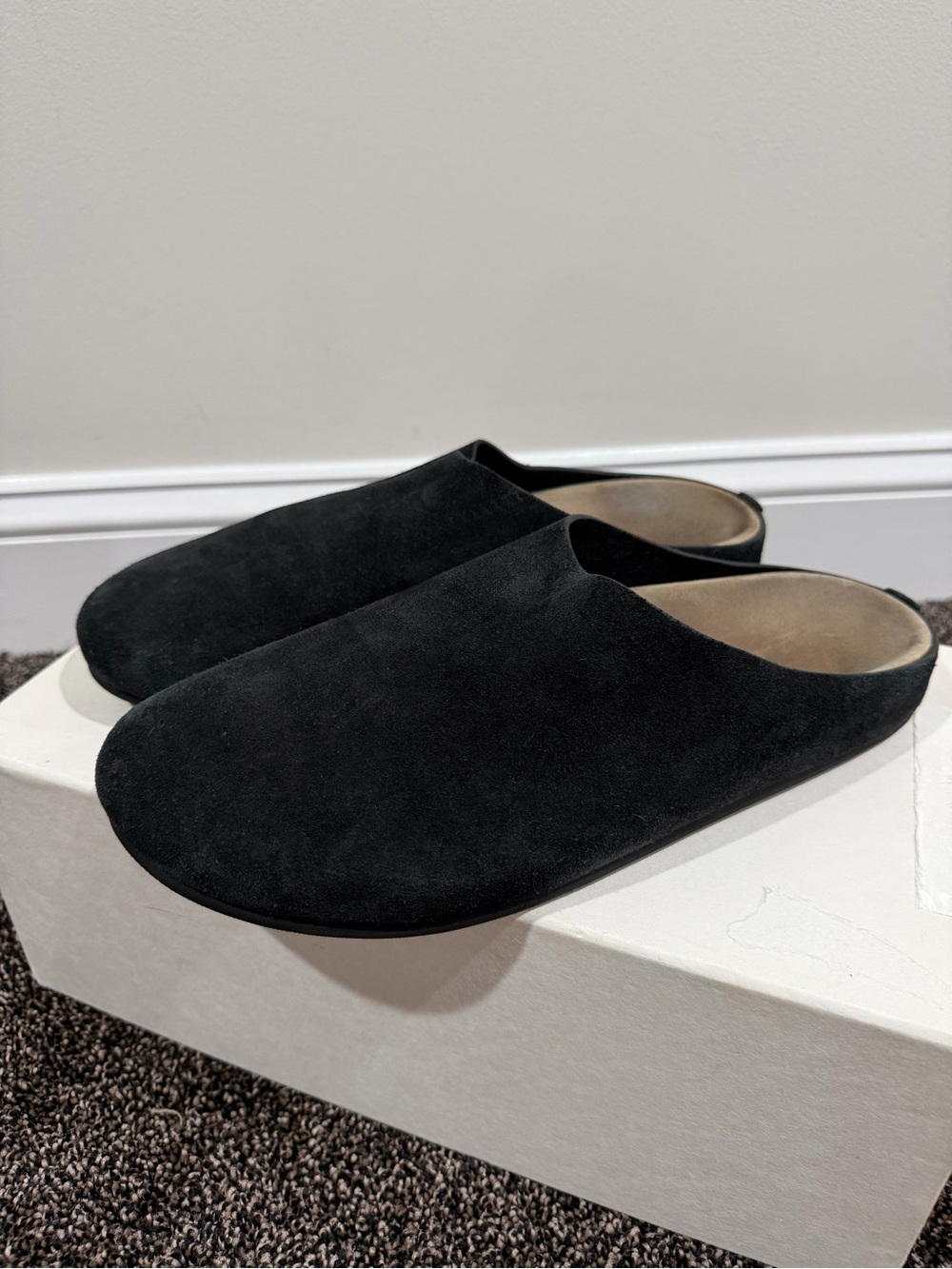 The Row Black Suede Hudson Slide Mules